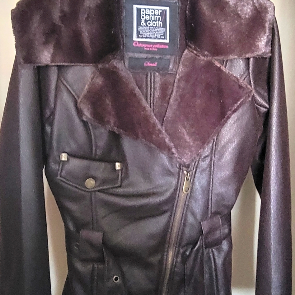 Brand new faux leather and fur moto jacket belted